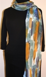 Blue and Brown Brush Strokes Silk Scarf with Bronze Accents - photo 1