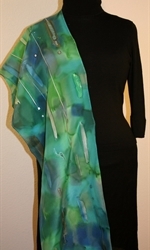 Multicolored Splash Silk Scarf in Green and Blue with Silver Accents - photo 	4