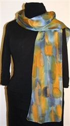 Multicolored Splash Silk Scarf in Green, Blue and Ocher, with Bronze Accents