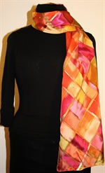 Silk Scarf with Checkered Pattern in Hues of Brown, Burgundy and Orange