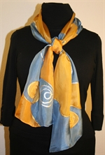 Silk Scarf with Spirals and Waves in Blue and Golden