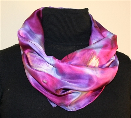 Multicolored Silk Scarf in Pink, Fuchsia and Purple with Metallic Accents