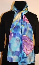 Silk Scarf with Five Tulips on a Dappled Background in Hues of Blue - photo 2