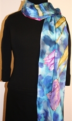 Silk Scarf with Five Tulips on a Dappled Background in Hues of Blue - photo 1	 