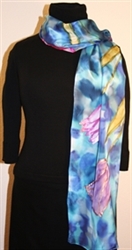 Silk Scarf with Five Tulips on a Dappled Background in Hues of Blue 