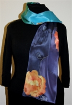 Silk Scarf in Five Hues of Blue with Orange Flowers  