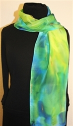 Hand Painted Silk Scarf in Blue and Chartreuse
