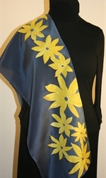 Royal Blue Hand Painted Silk Scarf with Yellow Flowers - photo 4