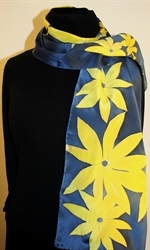 Royal Blue Hand Painted Silk Scarf with Yellow Flowers - photo 3