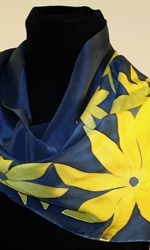 Royal Blue Hand Painted Silk Scarf with Yellow Flowers - photo 2