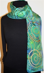 Green and Blue Hand Painted Silk Scarf with Multicolored Spirals