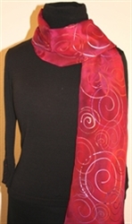 Crimson and Purple Hand Painted Silk Scarf with Spirals