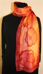 Bright Silk Scarf with Flowers in Red, Orange and Burgundy