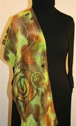 Lime and Brown Hand Painted Silk Scarf with Spirals - photo 4