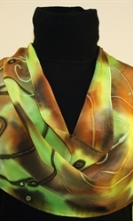Lime and Brown Hand Painted Silk Scarf with Spirals - photo 1