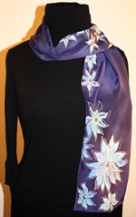 Dark Blue Hand Painted Silk scarf with Flowers