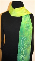 Dark and Light Green Hand Painted Silk scarf with Spirals