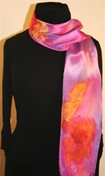 Pink and Light Purple Hand Painted Silk Scarf with Roses - photo 2