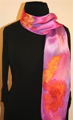 Pink and Light Purple Hand Painted Silk Scarf with Roses