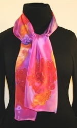 Pink and Light Purple Hand Painted Silk Scarf with Roses - photo 1