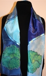 Blue, Green and Silver Hand Painted Silk Scarf with Flowers - photo 4