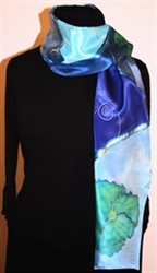 Blue, Green and Silver Hand Painted Silk Scarf with Flowers
