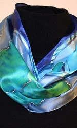 Blue, Green and Silver Hand Painted Silk Scarf with Flowers - photo 1