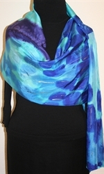 Ocean Story Hand Painted Silk Scarf in Blue and Turquoise - 3