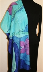 Purple Flowers Hand Painted Silk Scarf in Blue, Turquoise and Purple - 4