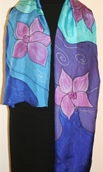 Purple Flowers Hand Painted Silk Scarf in Blue, Turquoise and Purple - 3