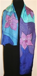 Purple Flowers Hand Painted Silk Scarf in Blue, Turquoise and Purple