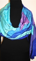 Purple Flowers Hand Painted Silk Scarf in Blue, Turquoise and Purple - 2