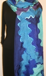 Sea Flowers Hand Painted Silk Scarf in Hues of Blue and Dark Purple - 2