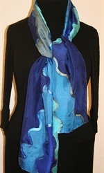 Sea Flowers Hand Painted Silk Scarf in Hues of Blue and Dark Purple - 1