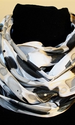 Black and White Hand Painted Silk Scarf with Silver Accents - 1