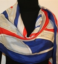 Walk in Paris Hand Painted Silk Scarf in Red, Blue and Silvery Gray