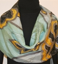 Retro Flowers Hand Painted Silk Scarf in Olive Gray, Golden and Black