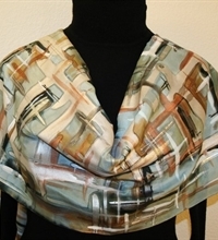 City Girl Hand Painted Silk Scarf - large size silk wrap in gray, blue, bronze and black
