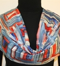 Downtown Blues Hand Painted Silk Scarf in Blue, Red and Silver