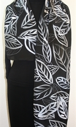 Silver Leaves Hand Painted Silk Scarf in Black, Gray and Silver - 3