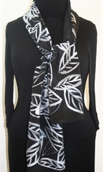 Silver Leaves Hand Painted Silk Scarf in Black, Gray and Silver - 2