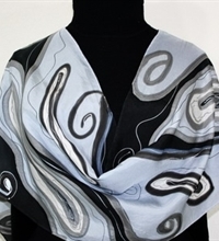 Midnight Tide Hand Painted Silk Scarf in Black and White, Gray and Silver