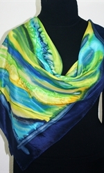 After the Rain Hand Painted Silk Scarf in Blue, Yellow and Green - 3