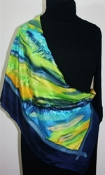 After the Rain Hand Painted Silk Scarf in Blue, Yellow and Green - 2