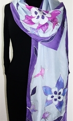Colorado Columbines Hand Painted Silk Scarf in Purple and Light lavender - 3