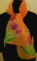 Orange Silk Scarf with Tulips