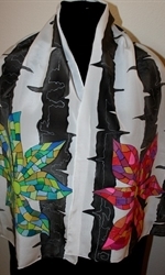 Black and White Scarf with Red and Green Mosaic Flowers 2