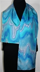 Love Waterfall Hand Painted Silk Scarf - size 10x58 in Turquoise and Steel Blue