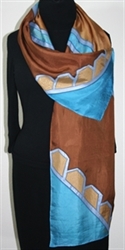 Happy Blues Hand Painted Silk Scarf - size 14x70 in Blue, Tan and Brown