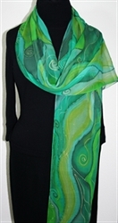 Green Fairy Hand Painted Silk Scarf - size EXTRA LONG 11x87 in Green and Emerald